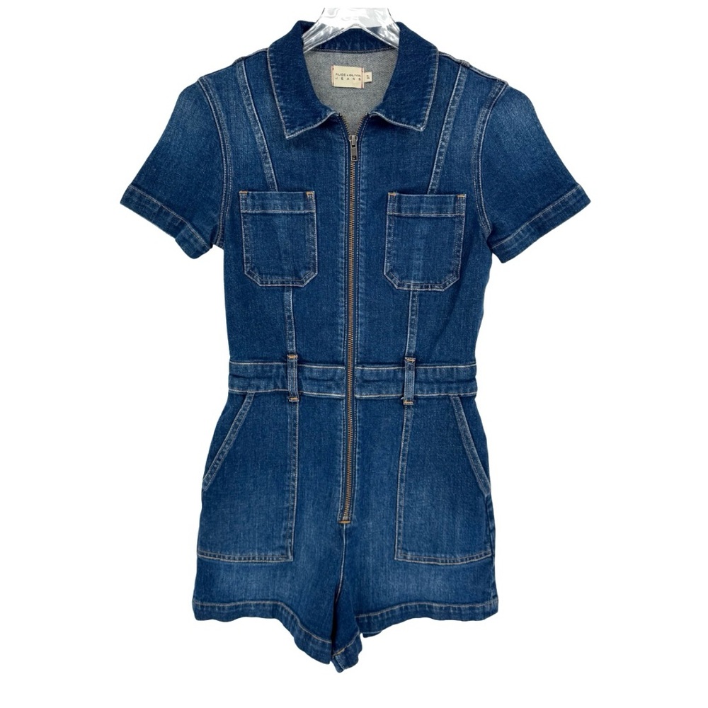 Alice + Olivia Dark Blue Denim Zip-Front Short Jumpsuit